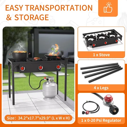 Miniatura 2 de Quemador de Propano de Alta Presión, Estufa de Camping de 3 Quemadores con Patas Desmontables, Quemador de Estufa de Gas Propano de 225,000 BTU