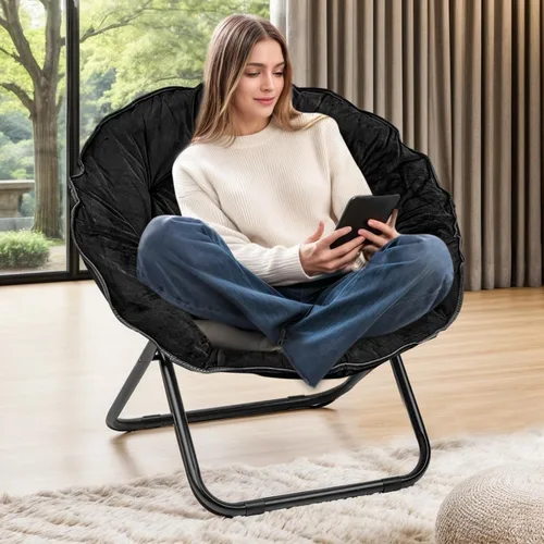 Grezone Silla plegable de piel sintética, silla plegable portátil de luna suave para dormitorio, dormitorios, apartamentos, descanso, jardín y Negro