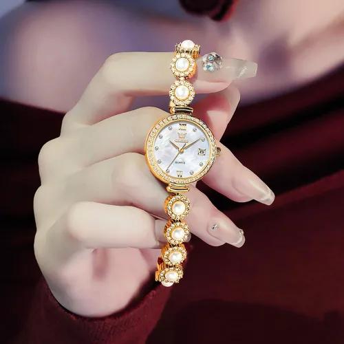 Miniatura 9 de OLEVS Reloj de pulsera analógico de lujo con cara pequeña para mujer, delicado e impermeable con perlas y diamantes, reloj para mujer con fecha