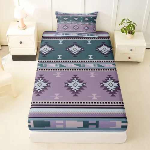 Miniatura 70 de Juego de ropa de cama de estilo bohemio occidental, tamaño individual, diseño de vaca atrapasueños, sábana bajera ajustable del suroeste, tribu