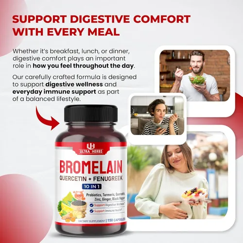Miniatura 2 de Suplemento de bromelina con quercetina, zinc, fenogreco, cúrcuma, jengibre, pimienta negra y probióticos - Apoya la digestión, la salud