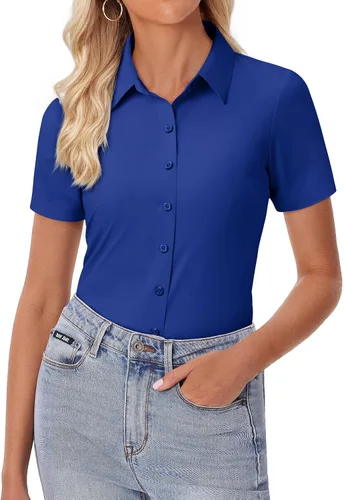 Miniatura 9 de siliteelon Camisa de vestir con botones para mujer, ajustada, elástica, de manga corta, sin arrugas, sólida, formal, para el trabajo