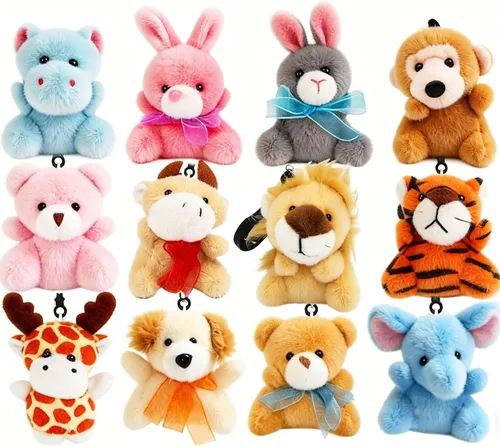 CAMIRUS Paquete de 12 mini juguetes de animales de peluche, bonitos llaveros de animales de peluche para niños, cesta de Pascua, suministros de