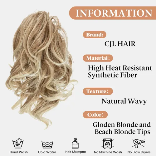 Miniatura 2 de CJL HAIR - Extensiones de cabello tipo pinza de garra para coleta baja, trenzas onduladas/rizadas, sintéticas, piezas de cabello desordenado tipo