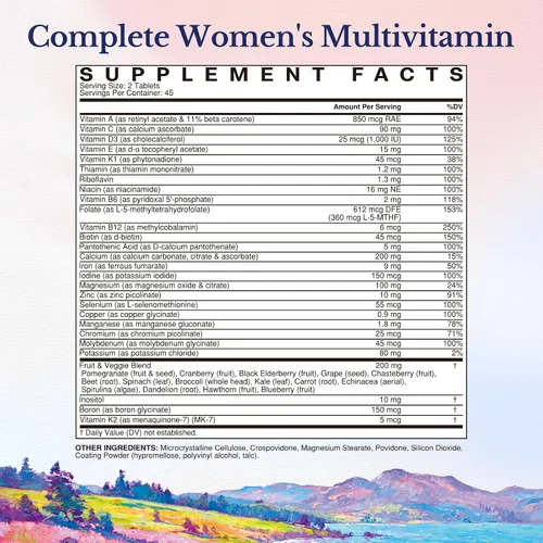 Miniatura 2 de Vitalitown Multivitamínico para mujer, multivitaminas metiladas y multiminerales, vitaminas A-K, hierro, zinc, superverdes y más, bienestar