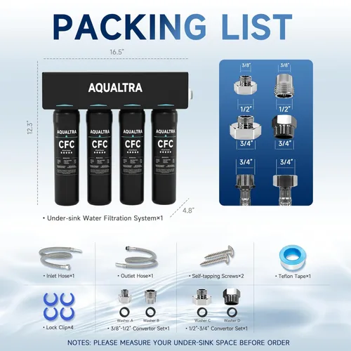 Miniatura 9 de AQUALTRA USF-4B-10 Sistema de filtración de agua debajo del fregadero, comercial 65K Gal, filtro de 0.5 μm que reduce PFOA, PFOS, cloro, plomo