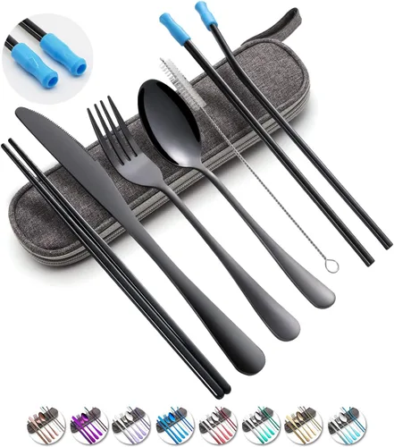 Juego de utensilios de viaje con estuche, juego de cubiertos portátiles reutilizables de acero inoxidable, 8 piezas, incluyendo cuchillo de cena,
