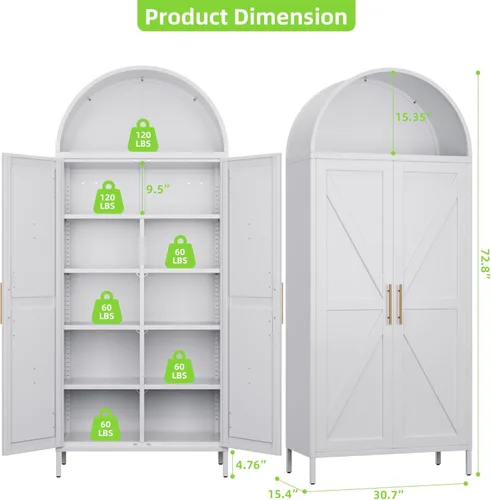 Miniatura 7 de Armario de despensa arqueado de metal blanco de 72.8 pulgadas para almacenamiento de cocina, armario alto de 2 puertas con 6 estantes ajustables