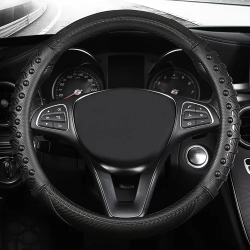 Miniatura 2 de Funda universal para volante de automóvil con masaje 3D, 14.5-15 pulgadas, fundas de cuero de fibra de carbono negras, transpirables