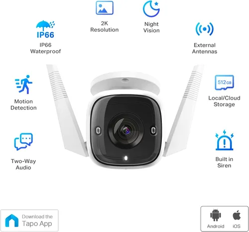 Miniatura 2 de Tapo TP-Link - Cámara de seguridad 2K con cable para exteriores, IP66 resistente a la intemperie, detección de movimiento/persona, sirena