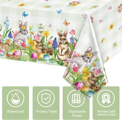 Miniatura 3 de Riakrum Mantel de Pascua rectangular de plástico con huevos de conejo, mantel floral para decoración y suministros de fiesta de Pascua, primavera
