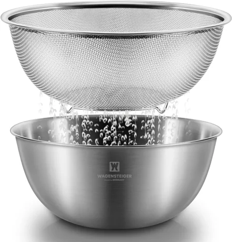 Miniatura 10 de WAGENSTEIGER Juego de tazón de acero inoxidable y colador de 3 patas, canasta de cocina multiusos con colador de malla fina, cuenco para mezclar