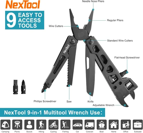 Miniatura 7 de NexTool Llave multiherramienta ajustable, multiherramienta 9 en 1 con alicates multiherramienta, llave ajustable, cuchillo de bolsillo