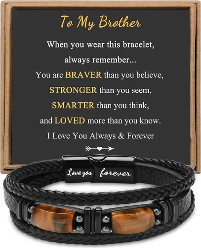 Miniatura 18 de Regalos únicos para hombres, pulsera de cuero para hombres, papá, novio, hijo, nieto, hermano, te amo para siempre, piedra ojo de tigre, día