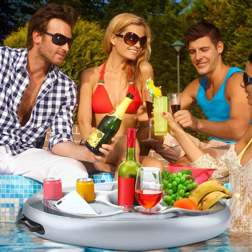 Miniatura 7 de Soporte inflable flotante para bebidas para piscina, la mesa de bandeja tiene portavasos y latas de bebidas con cuenco de aperitivos, PVC duradero
