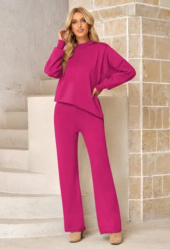 Miniatura 6 de Linsery Conjunto de suéter de 2 piezas para mujer, cuello alto, suéter de punto de pierna ancha, sudadera casual