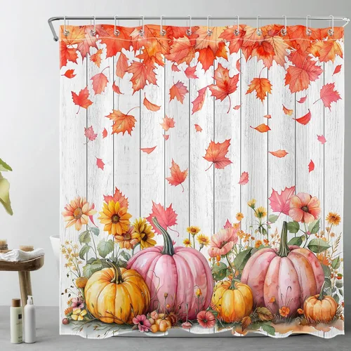 Miniatura 41 de HVEST Cortina de ducha con ganchos, calabaza espeluznante y fantasma con sombrero de bruja negro, juego de cortina de ducha naranja con flores