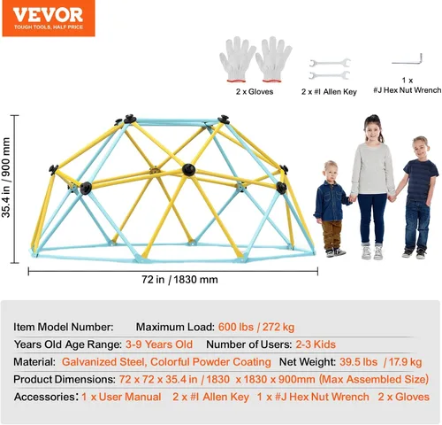 Miniatura 7 de VEVOR Cúpula de escalada, gimnasio de jungla de 6 pies para niños de 3 a 9 años, centro de juegos geométrico para escalar con soporte de 600LBS