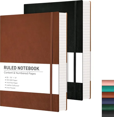 RETTACY Cuaderno rayado, 2 paquetes, 204 páginas numeradas por paquete, B5 mediano 17.6 x 25 cm, tapa blanda de cuero, papel grueso de 100 g/m²,