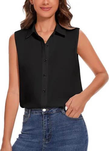 Miniatura 20 de YAMANMAN Camisa sin mangas con botones para mujer, blusa clásica con cuello redondo, camiseta básica de gasa para el trabajo y la oficina