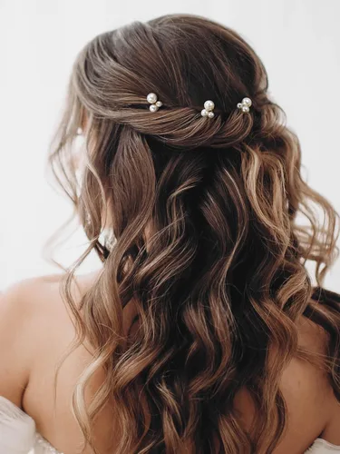 Miniatura 3 de SWEETV Horquillas para el pelo de novia, tocado de perlas para novias, damas de honor y niñas de flores, 3 pinzas para el pelo de boda y piezas