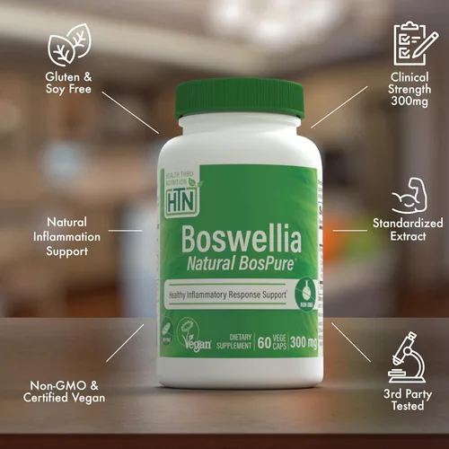 Miniatura 4 de Health Thru Nutrition Boswellia 300 mg 60 cápsulas como Bospure AKBAMAX Alta potencia 75% ácidos boswélicos 10% AKBA Apoyo de movilidad