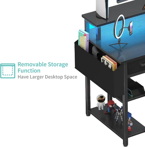 Miniatura 8 de Lufeiya Escritorio para juegos con luces LED y tomas de corriente, escritorio de oficina en casa de 47 pulgadas con soporte para monitor y estantes