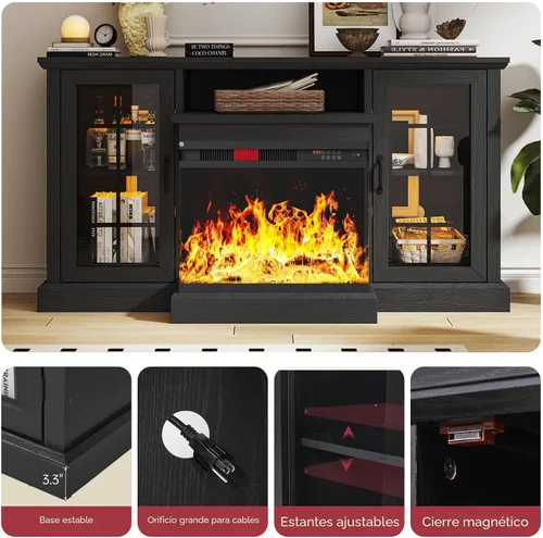 Miniatura 4 de oneinmil - Soporte de TV con chimenea de 59 pulgadas y vidrio en 3 lados para aparatos de hasta 65 pulgadas, centro de entretenimiento moderno