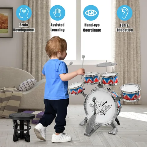 Miniatura 3 de Juego de batería para niños pequeños, kit de batería de jazz con taburete, instrumentos musicales, juguetes de cumpleaños, Navidad, regalos