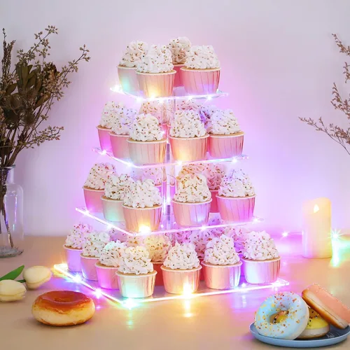 Miniatura 7 de Suneerplay Soporte para cupcakes de 4 niveles con cadena de luz LED, soporte de exhibición de cupcakes de acrílico, soporte cuadrado para torre
