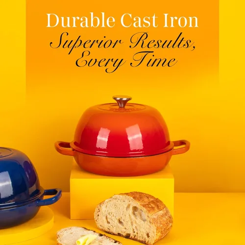 Miniatura 8 de Olla de horno holandés de hierro fundido esmaltado – Olla de horno holandés para hornear pan de masa madre – Olla de pan de hierro fundido – Naranja