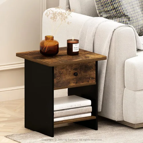 Miniatura 2 de Furinno Dario - Mesa auxiliar / estante de almacenamiento de noche con cajón de contenedor, pino ámbar/negro, 1 paquete, contenedor superior