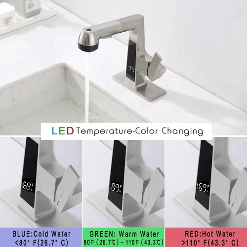 Miniatura 2 de Grifo de Baño LED con Grifo de Salida Extraíble, Grifo de Fregadero de Níquel Cepillado con Pantalla Digital de Temperatura, Grifo de 5 Modos