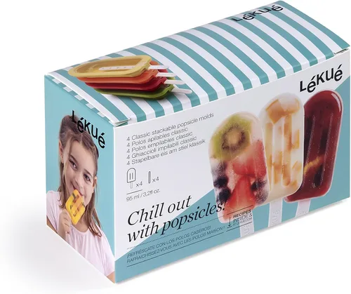 Miniatura 5 de Lékué - Juego de 4 moldes grandes apilables para paletas + palos y tapas, paletas de hielo caseras y aperitivos congelados, silicona de platino