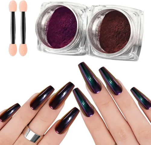 Polvo de uñas cromado camaleón rojo y morado, efecto espejo mágico metálico, holográfico, reflectante, pigmento cromado, para uñas, diseño AB