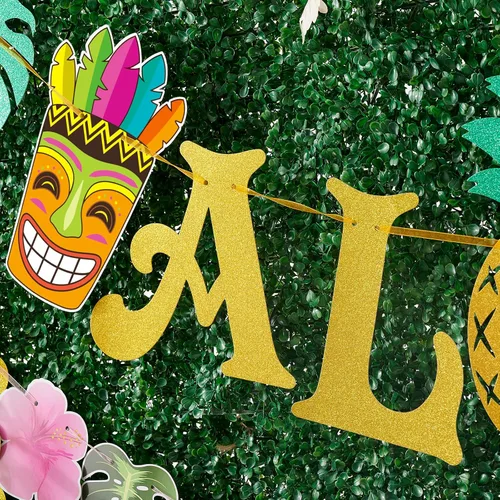 Miniatura 4 de WERNNSAI Pancarta hawaiana de Aloha para fiestas, flamenco, piña, tiki, tropical, Luau, suministros de fiesta, recuerdos, grande, dorado, brillante