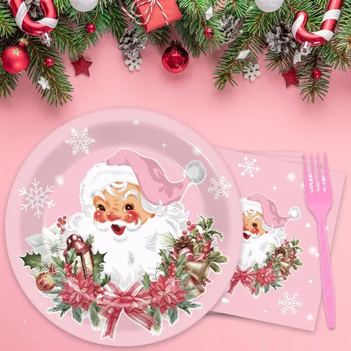 Miniatura 5 de Juego de vajilla rosa para fiesta de Navidad, 96 piezas, suministros de fiesta de copos de nieve de Papá Noel, platos desechables para árbol