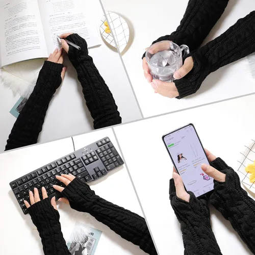 Miniatura 6 de Bellady Guantes de invierno para mujer, cálidos sobre el codo, guantes largos sin dedos con agujero para el pulgar, guantes de punto para calentar