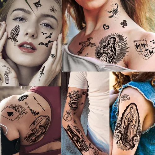 Miniatura 6 de 12 Hojas de Tatuajes Temporales Chicanos Grandes, Tatuajes Temporales Cholo y Chola, Tatuajes Falsos de Gángster Chicana Guadalupe Día