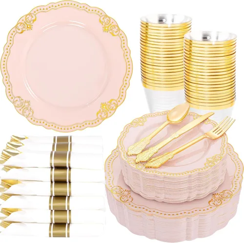Ciaell 350 platos de plástico rosa, platos desechables de color rosa y dorado, incluyen 50 platos desechables, 150 cubiertos resistentes, 50 tazas,