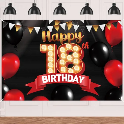 Miniatura 11 de FlagY-Bn-14 - Cartel de feliz cumpleaños número 14, decoración de pancarta negra, telón de fondo dorado, globos rojos y negros, decoración temática