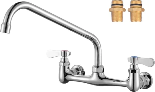 Miniatura 10 de Grifo de fregadero comercial con boquilla giratoria de cuello de cisne de 6 pulgadas, grifo de cocina de montaje en pared central de 8 pulgadas