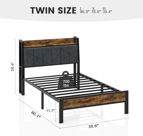Miniatura 2 de Base de cama de tamaño individual con cabecera de almacenamiento y estación de carga, luces LED RGB inteligentes, cama de plataforma de metal