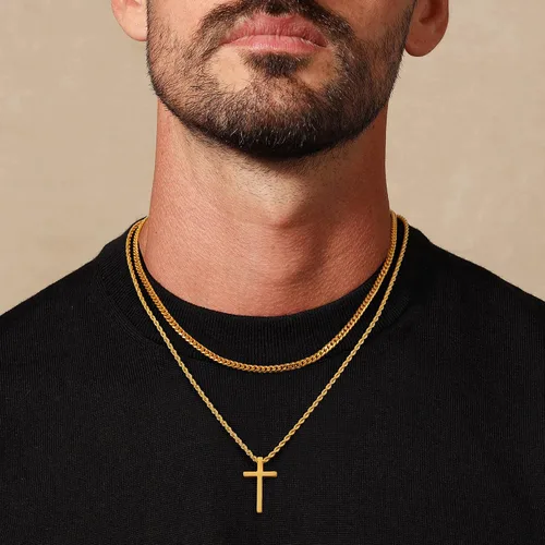 Miniatura 3 de LUXEJEW Collar de cruz para hombres y niños, collar con colgante de cruz de acero inoxidable dorado, plateado y negro, collar de cadena de eslabones