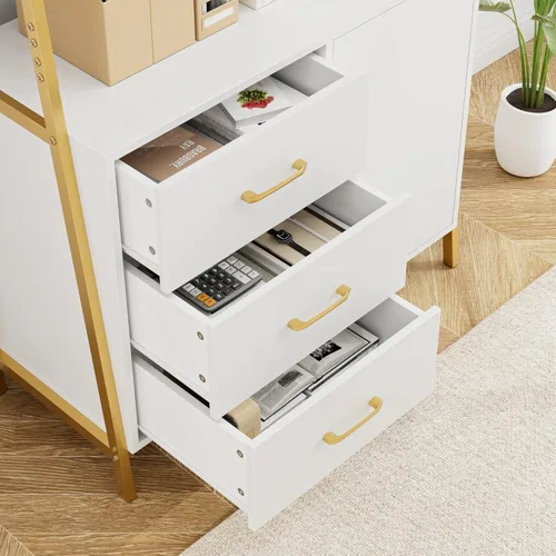 Miniatura 6 de HITHOS Estantería Alta de 69", Estantería Blanco Dorado de 4 Niveles con Cajones de Madera y Estantes de Escalera, Gabinete de Almacenamiento