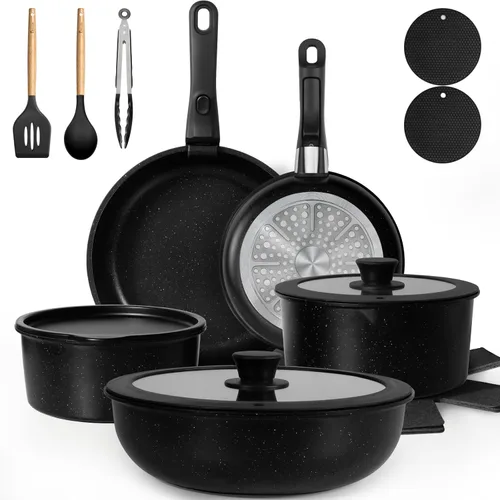 KIKCOIN Juego de 20 Piezas de Ollas y Sartenes Antiadherentes, Juegos de Utensilios de Cocina Antiadherentes con Mango Desmontable, No Tóxico, Juego