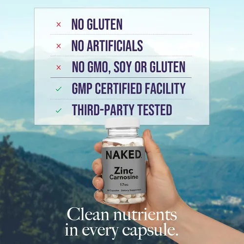Miniatura 4 de NAKED Carnosina de zinc 17 mg (60 cápsulas) + monohidrato de creatina micronizada NAKED Pure 17.64 oz (100 porciones) – Vegano; Sin OGM; Sin gluten