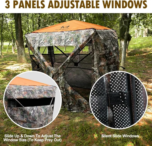 Miniatura 6 de Hunting Blind for 2-3 Person, See-Through Ground Blind with Silent Zipper and Orange Top, Portable Pop-Up Tent for Deer and Turkey Hunting with