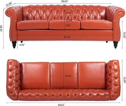 Miniatura 2 de Chesterfield - Sofá tapizado de piel sintética, con respaldo copetudo, sofá clásico de cuero de 3 plazas, brazo enrollado para sala de estar, Naranja
