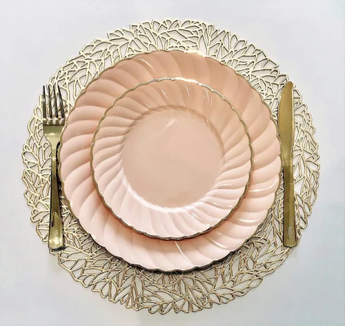 Miniatura 6 de Ocassions - Vajilla de 50-150-200 piezas para 25 invitados, color dorado, E1. Blossom Blush/Rosa & Oro